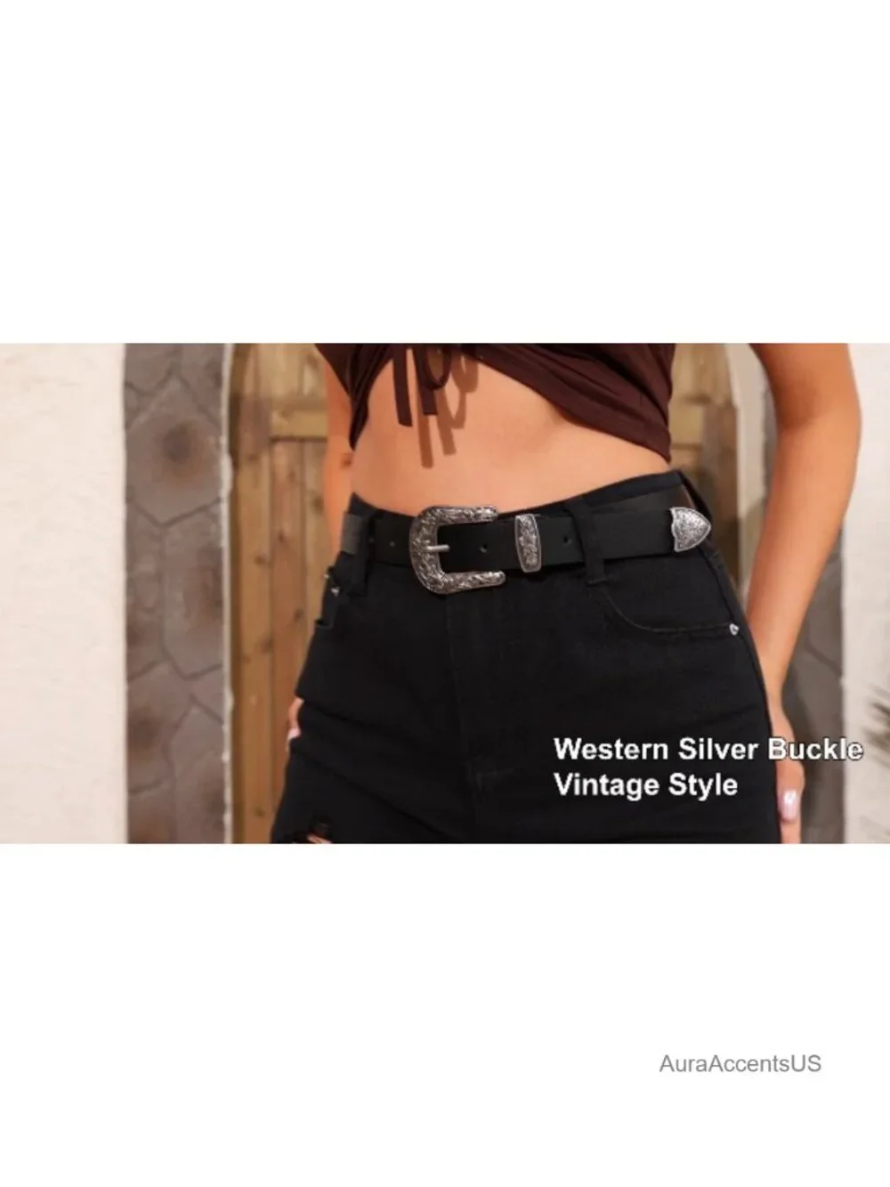 Vintage Western Belt for Women PU Leather 1.1 Inch Cowgirl Belt with Silver